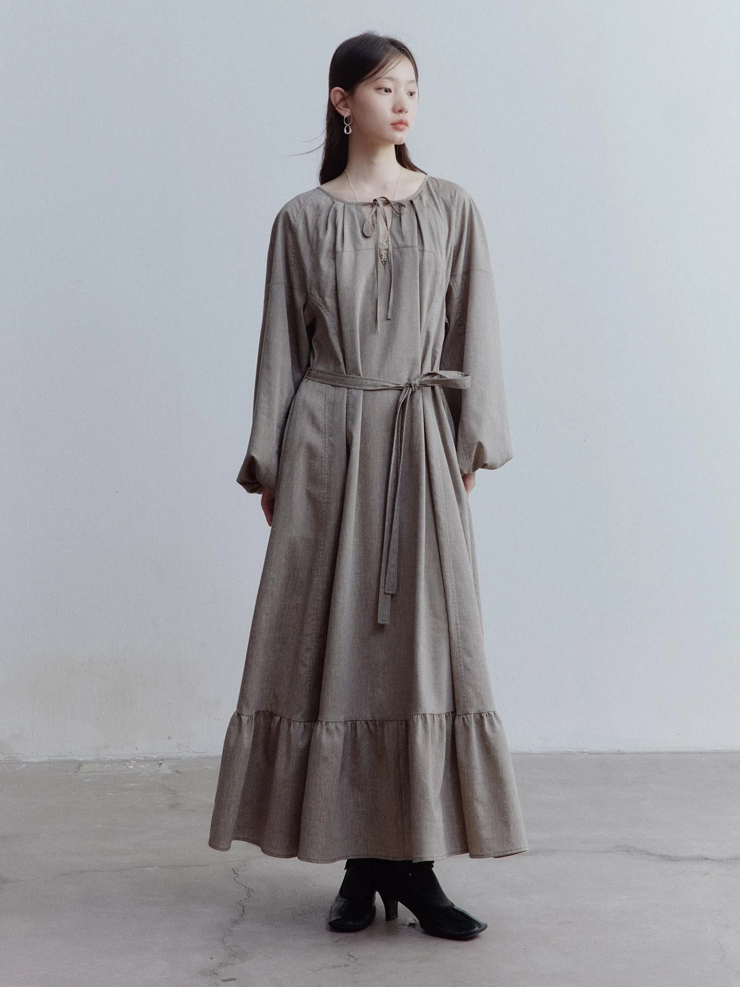 Fog Forest Linen Blend Maxi Dress with Detailing
