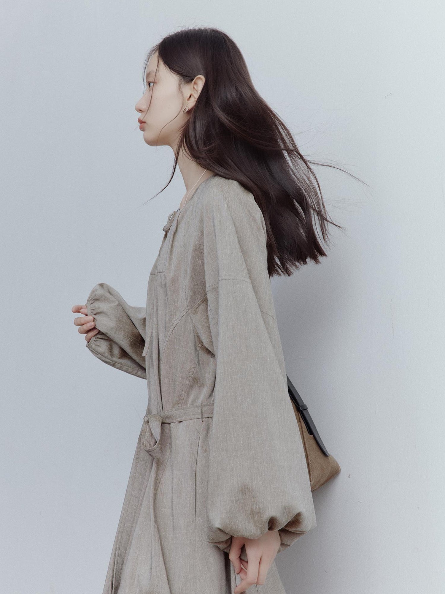 FUSSED Fog Forest Linen Blend Maxi Dress with Detailing