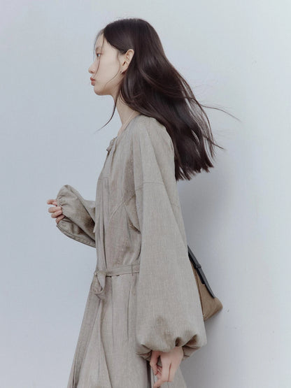 Fog Forest Linen Blend Maxi Dress with Detailing