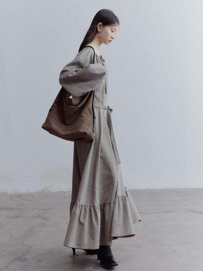 FUSSED Fog Forest Linen Blend Maxi Dress with Detailing