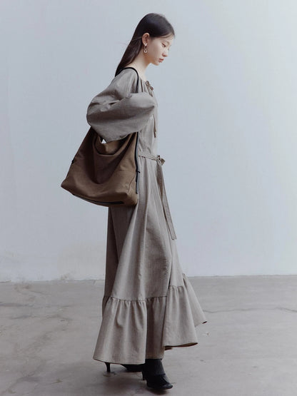 Fog Forest Linen Blend Maxi Dress with Detailing