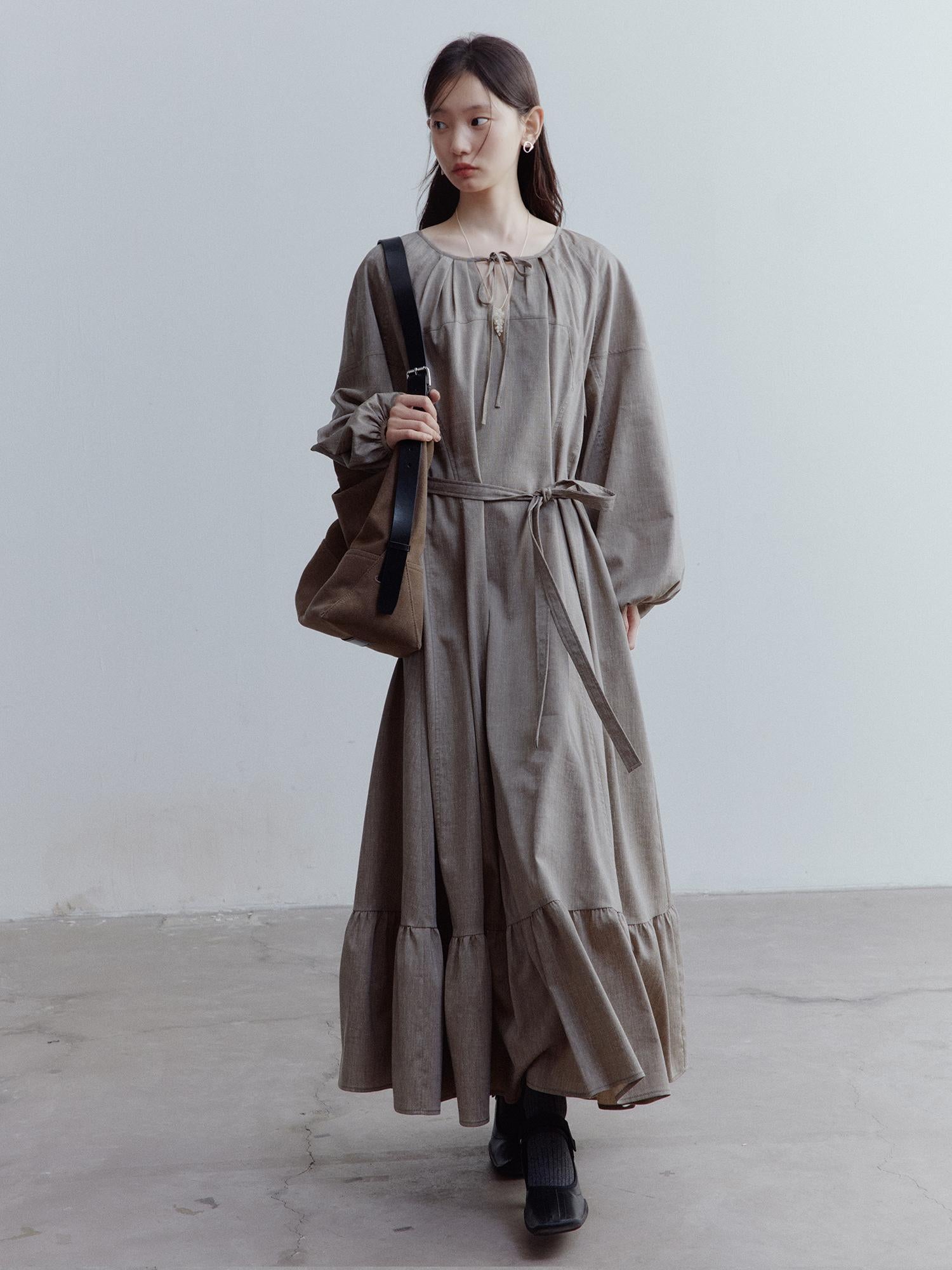 FUSSED Fog Forest Linen Blend Maxi Dress with Detailing