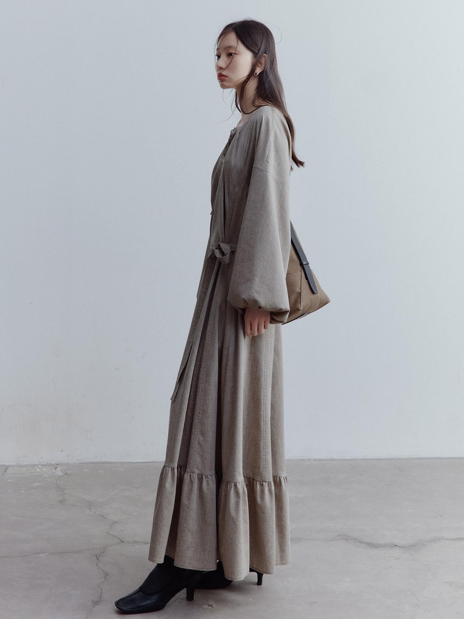 FUSSED Fog Forest Linen Blend Maxi Dress with Detailing