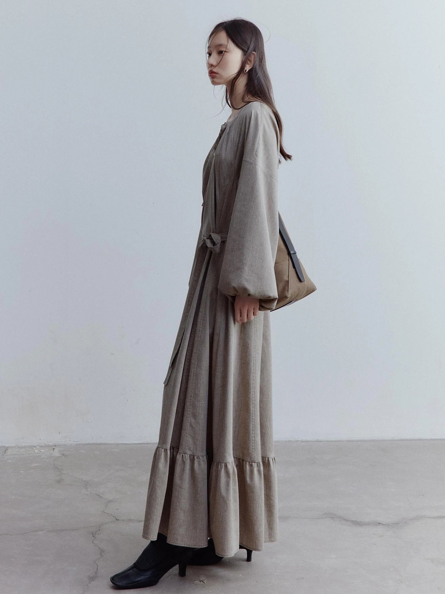 Fog Forest Linen Blend Maxi Dress with Detailing