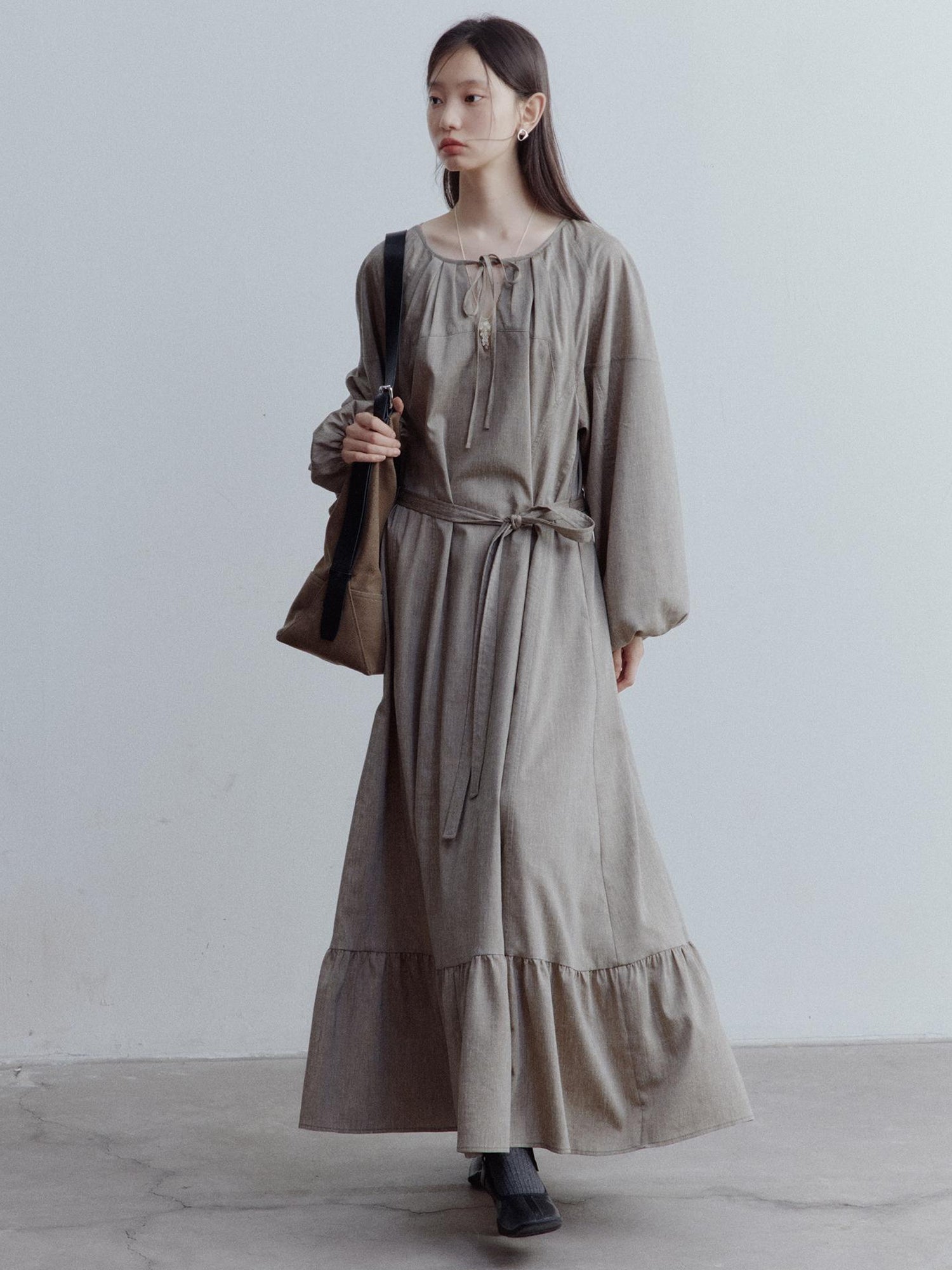 FUSSED Fog Forest Linen Blend Maxi Dress with Detailing