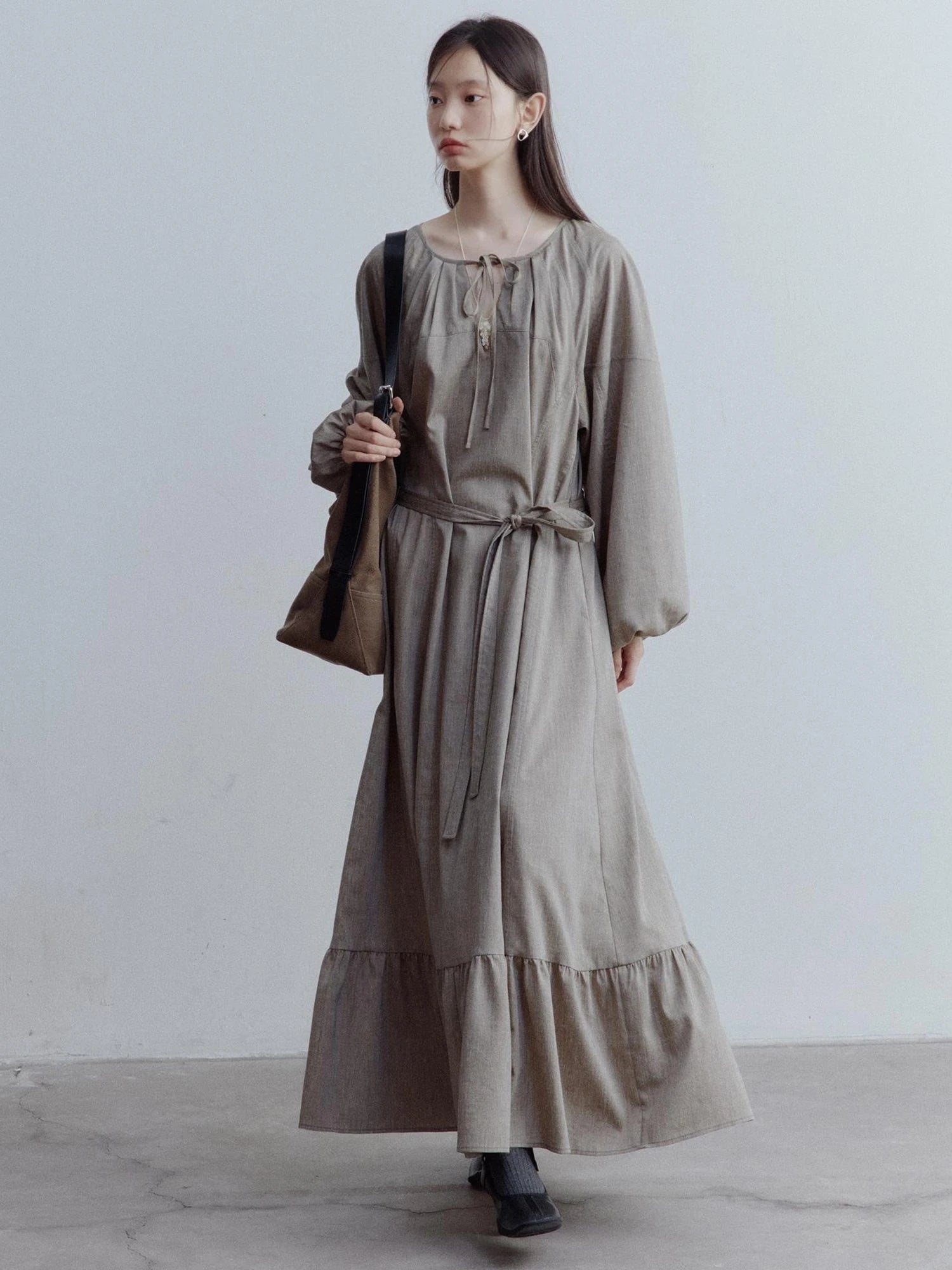 Fog Forest Linen Blend Maxi Dress with Detailing