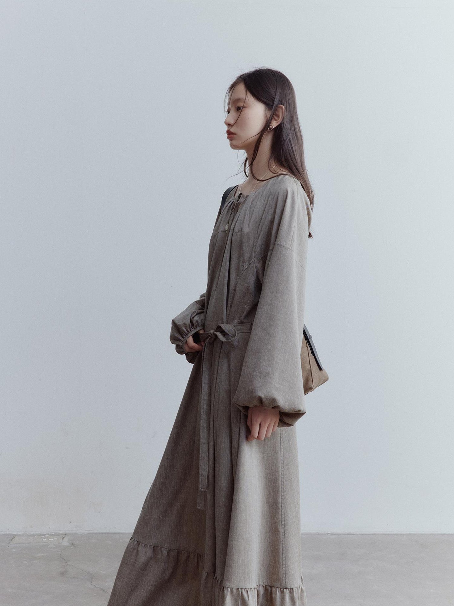 FUSSED Fog Forest Linen Blend Maxi Dress with Detailing