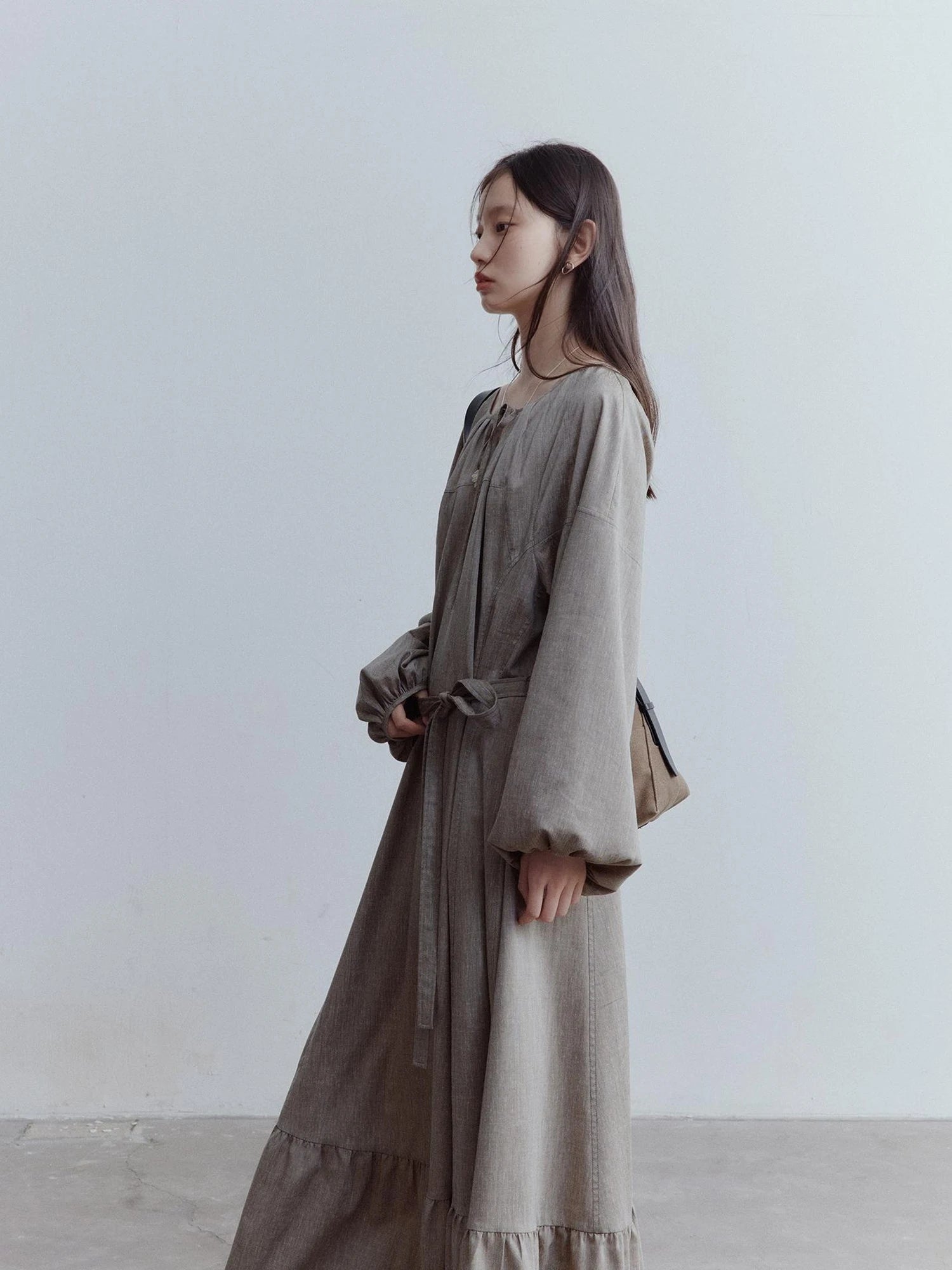 Fog Forest Linen Blend Maxi Dress with Detailing