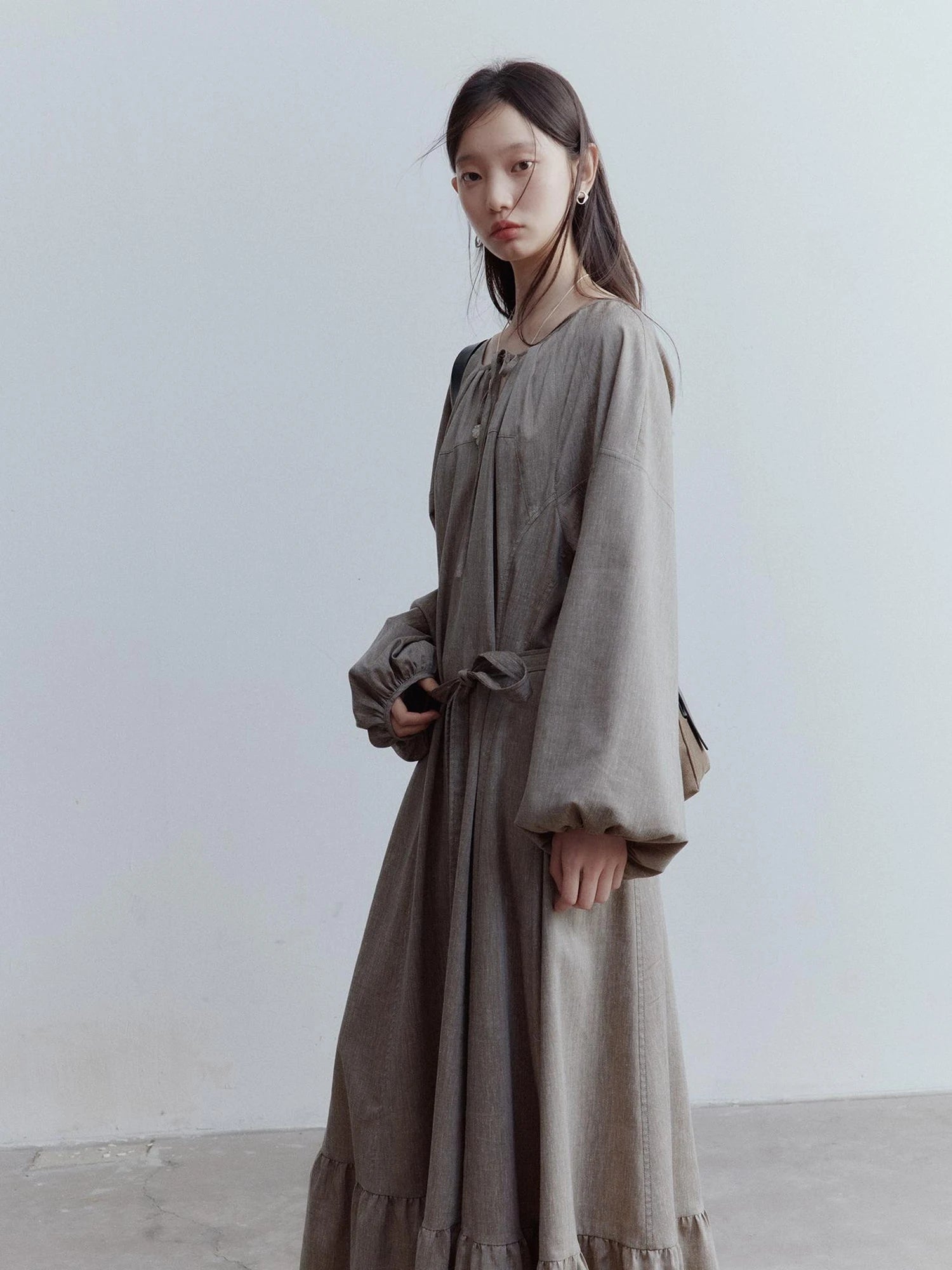 Fog Forest Linen Blend Maxi Dress with Detailing