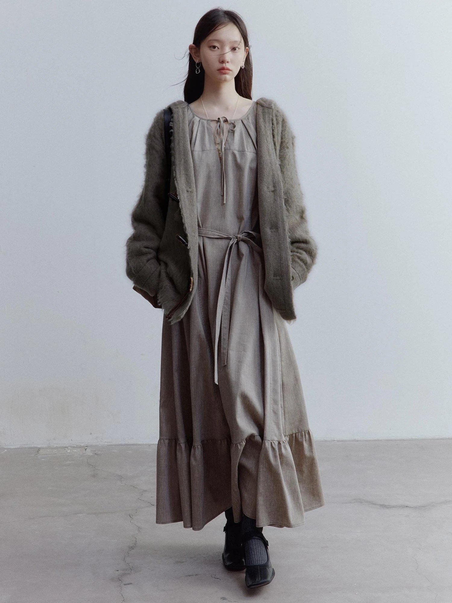 Fog Forest Wool Mohair Brushed Fuzzy Cardigan Coat