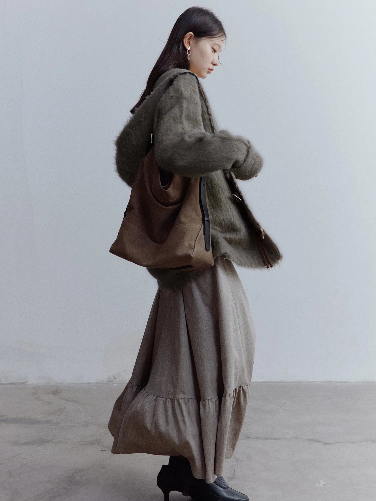 Fog Forest Wool Mohair Brushed Fuzzy Cardigan Coat