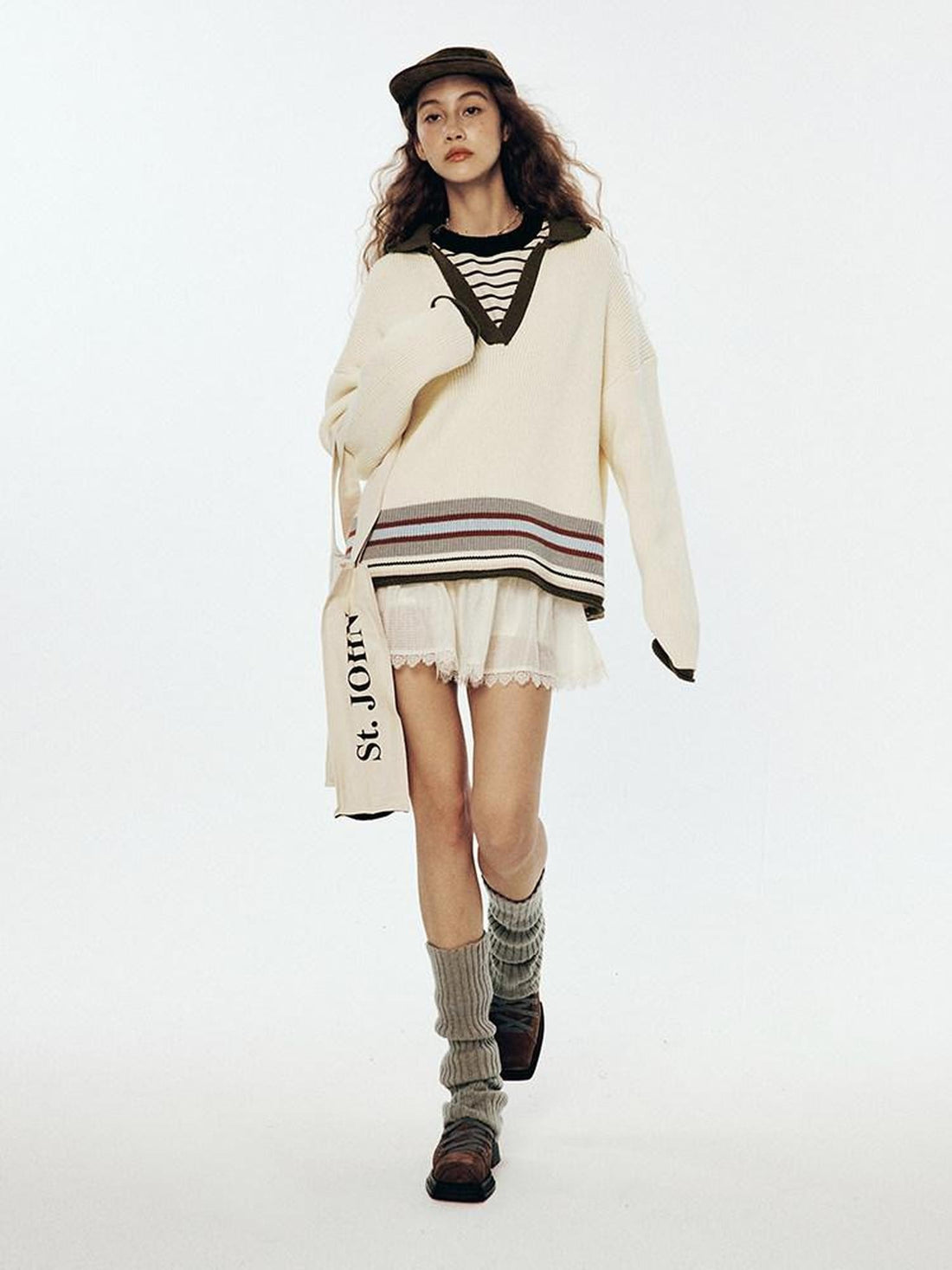 FUSSED Forest Palette Vintage Oversized Polo Striped Drop Shoulder Women&
