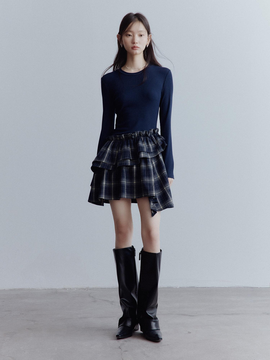 FUSSED Fussed Asymmetric Hem Plaid Paneled Knit Dress