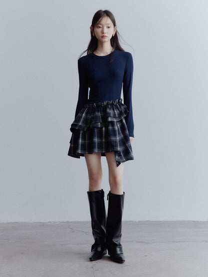 FUSSED Fussed Asymmetric Hem Plaid Paneled Knit Dress