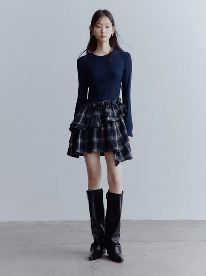 Fussed Asymmetric Hem Plaid Paneled Knit Dress