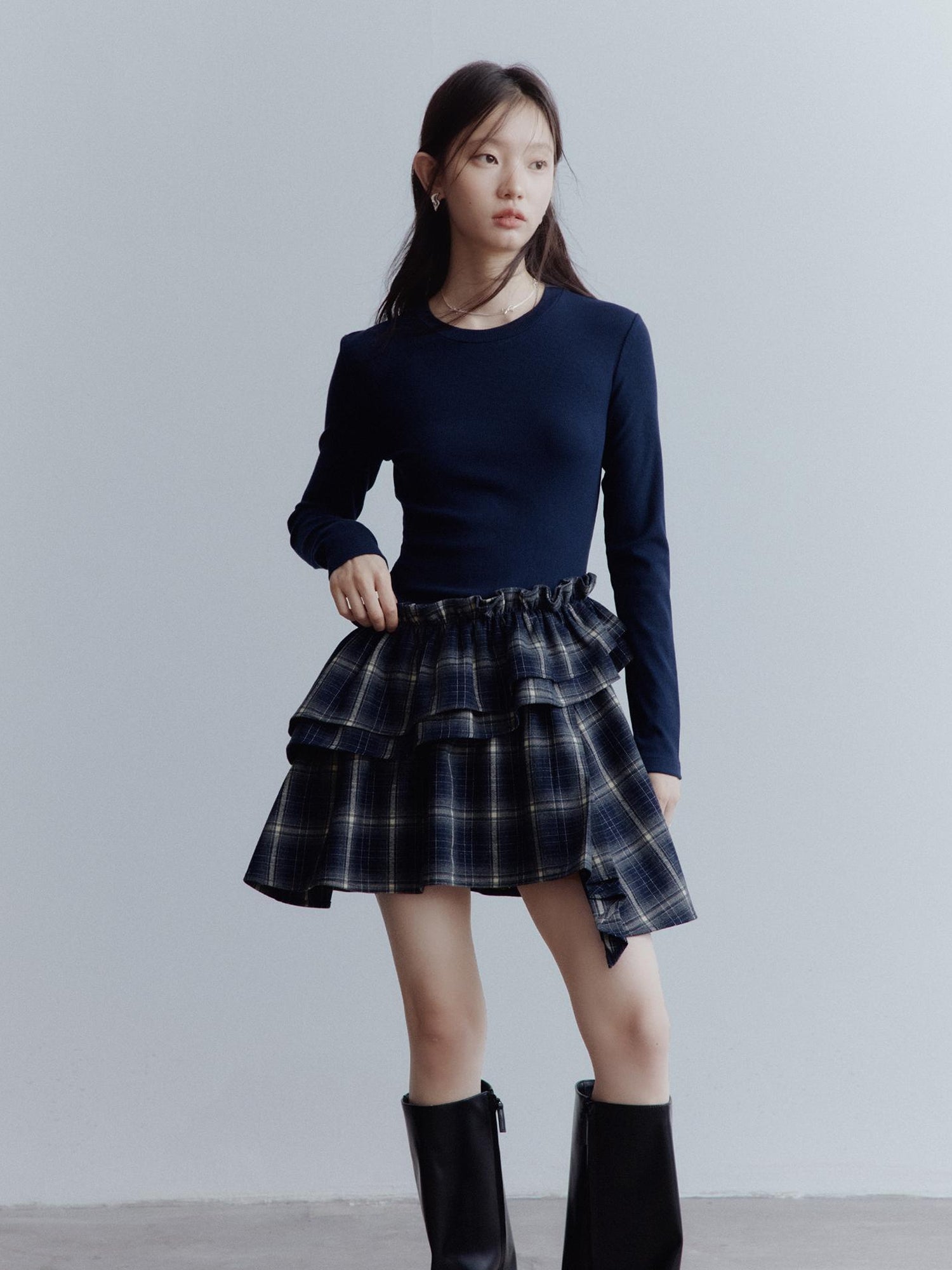 FUSSED Fussed Asymmetric Hem Plaid Paneled Knit Dress