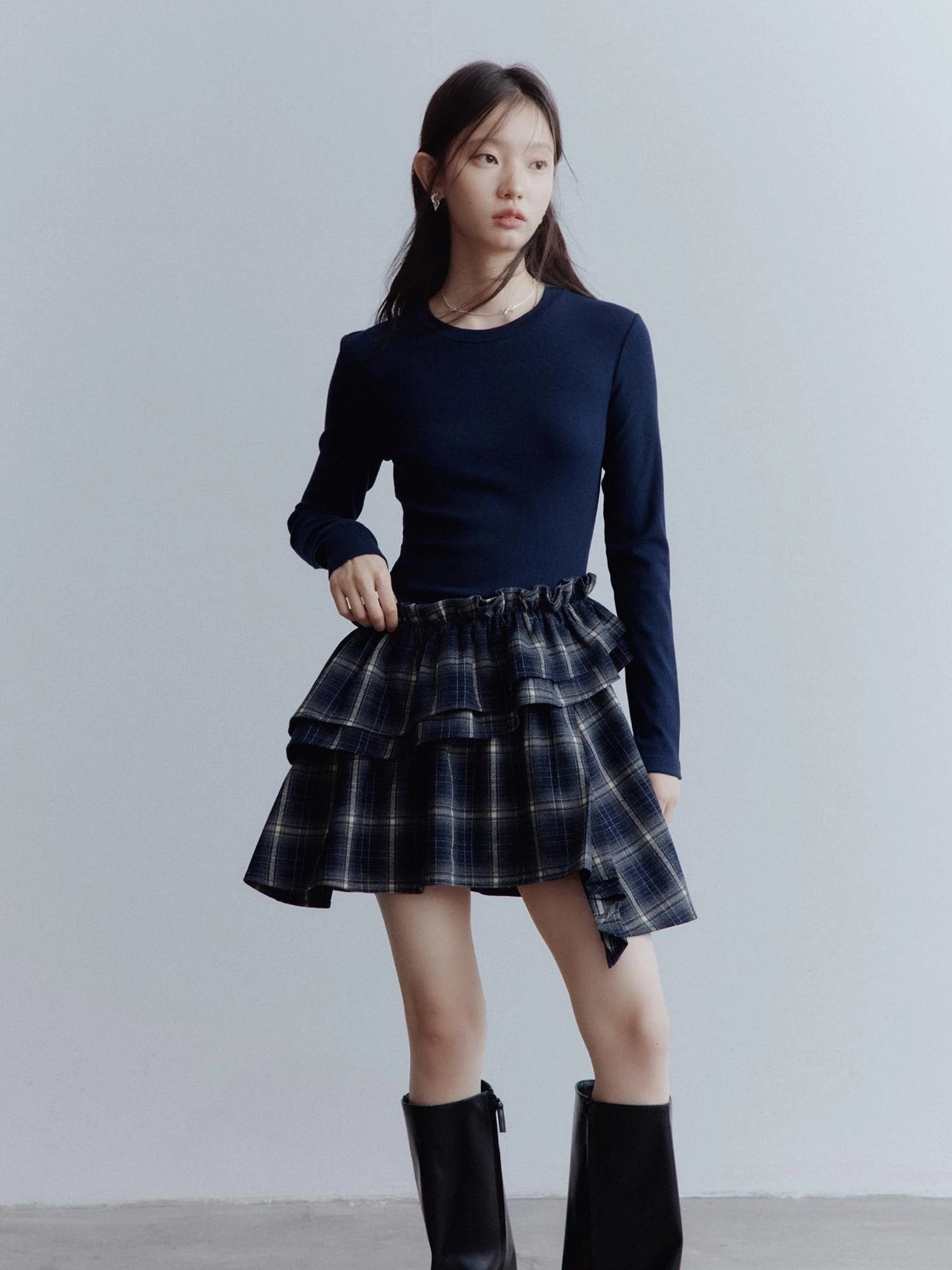 Fussed Asymmetric Hem Plaid Paneled Knit Dress