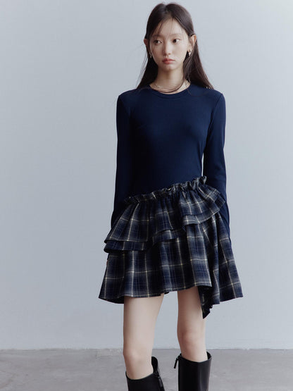 FUSSED Fussed Asymmetric Hem Plaid Paneled Knit Dress