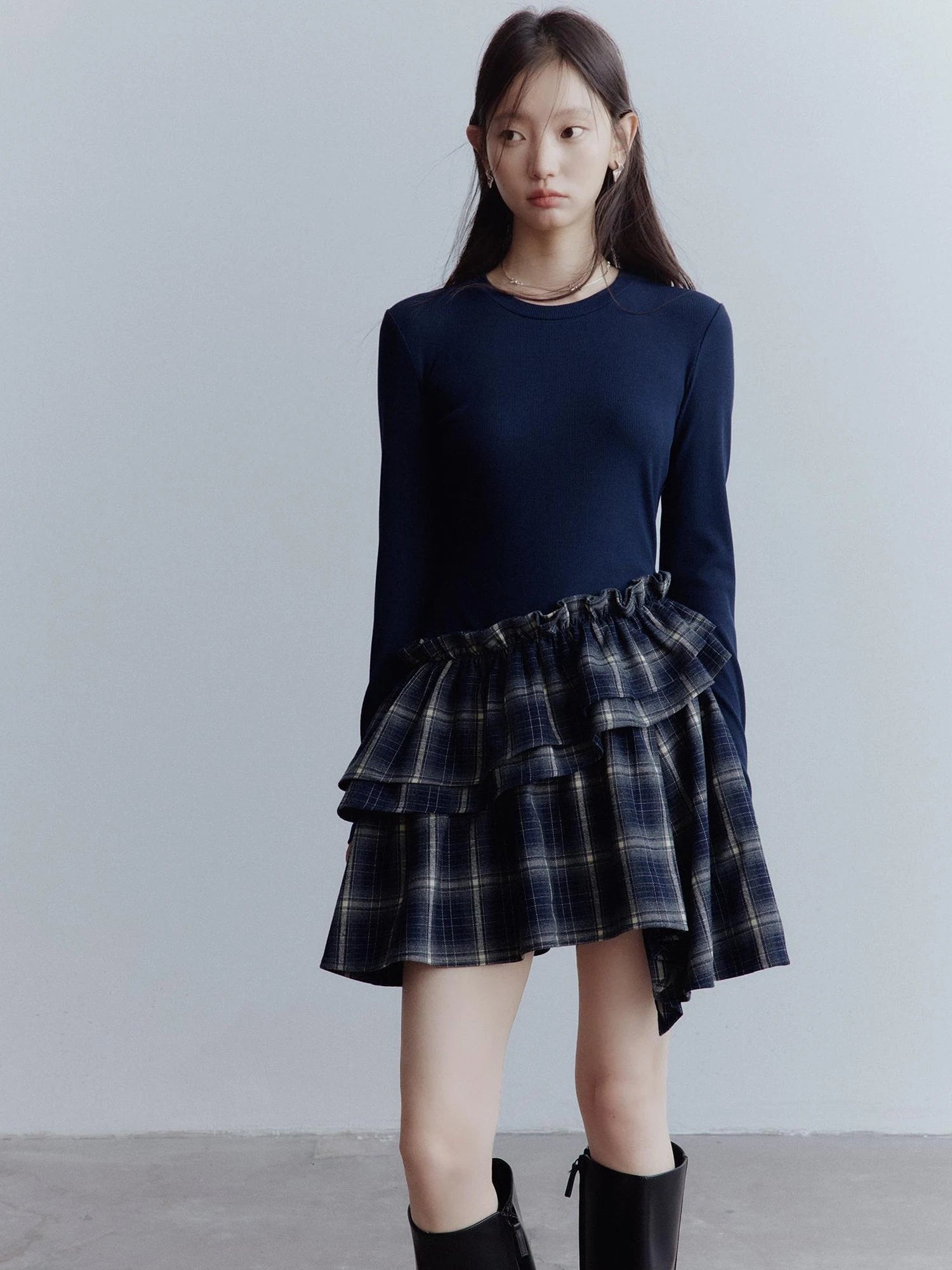 Fussed Asymmetric Hem Plaid Paneled Knit Dress