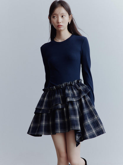 FUSSED Fussed Asymmetric Hem Plaid Paneled Knit Dress