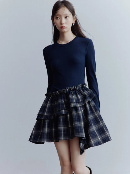 Fussed Asymmetric Hem Plaid Paneled Knit Dress