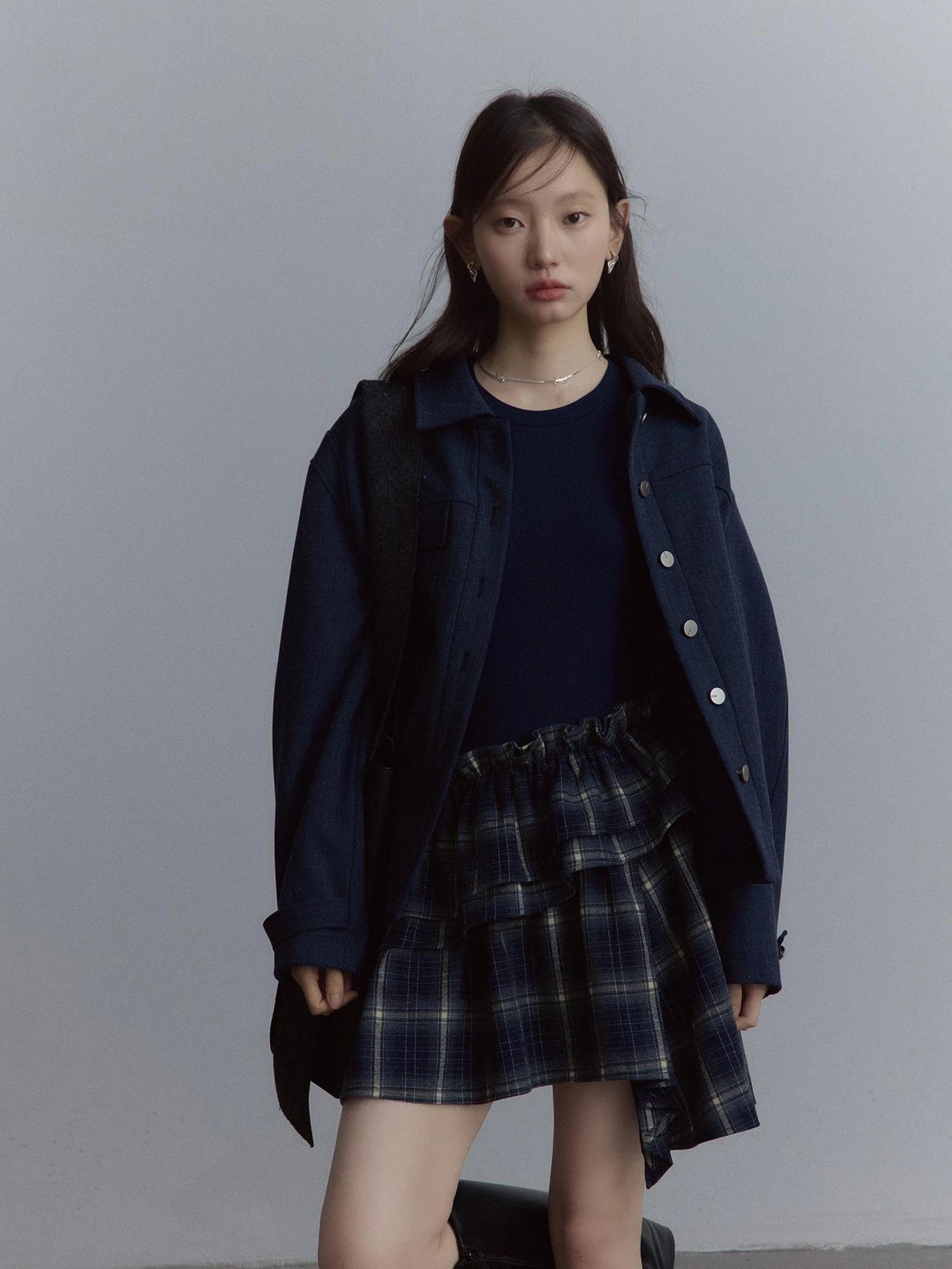 Fussed Asymmetric Hem Plaid Paneled Knit Dress