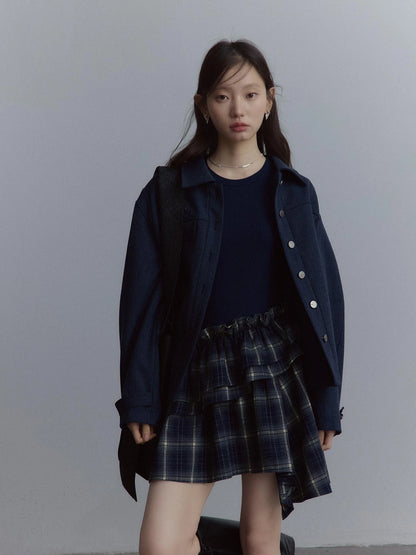 Fussed Asymmetric Hem Plaid Paneled Knit Dress