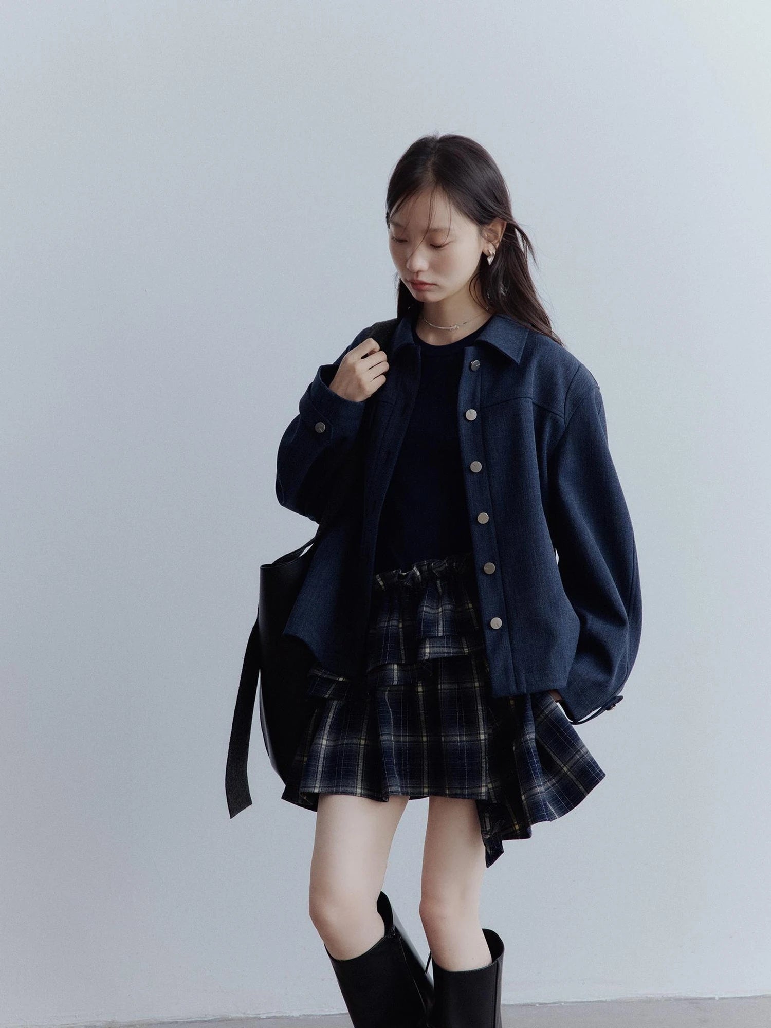 Fussed Asymmetric Hem Plaid Paneled Knit Dress