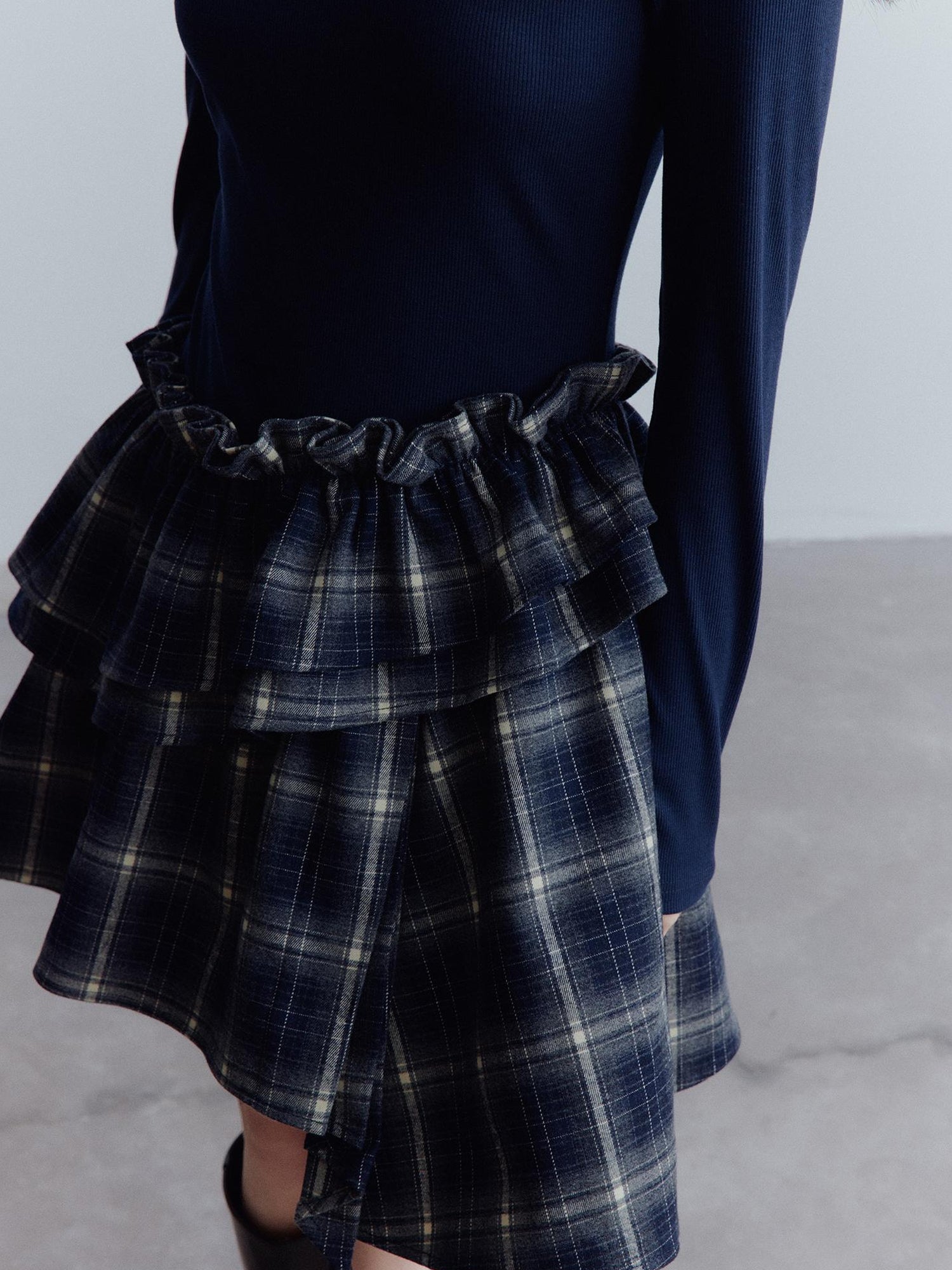 FUSSED Fussed Asymmetric Hem Plaid Paneled Knit Dress