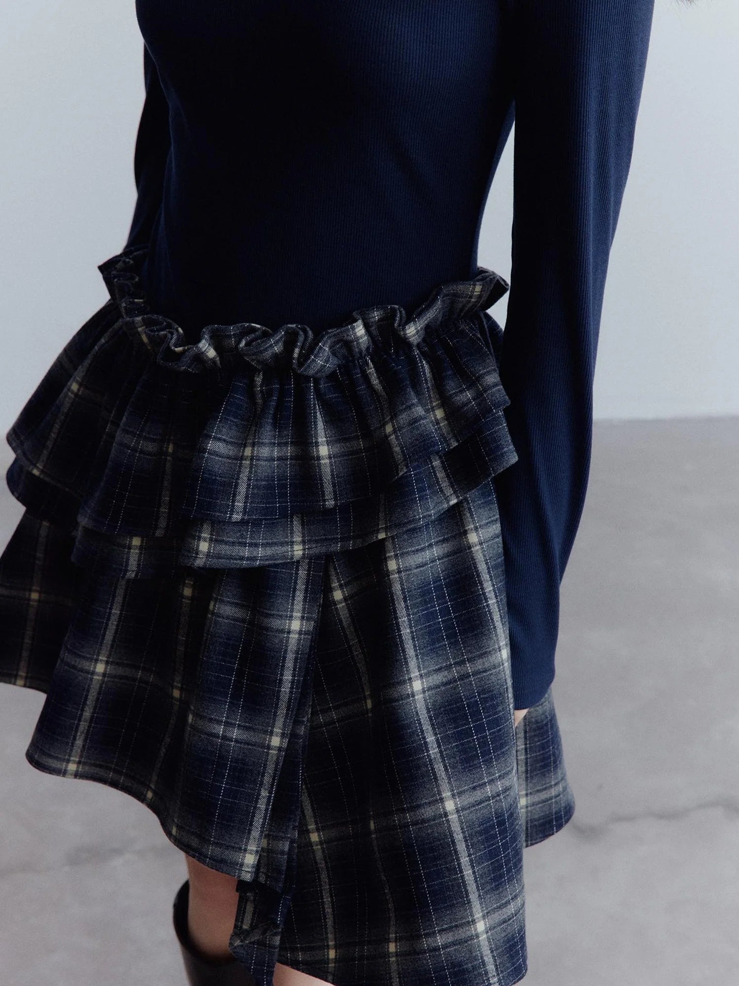 Fussed Asymmetric Hem Plaid Paneled Knit Dress