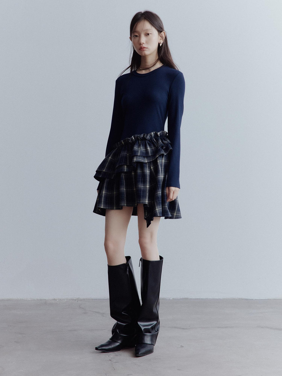 FUSSED Fussed Asymmetric Hem Plaid Paneled Knit Dress