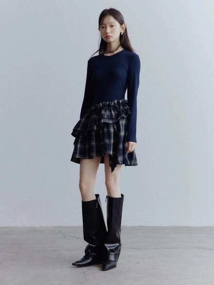Fussed Asymmetric Hem Plaid Paneled Knit Dress
