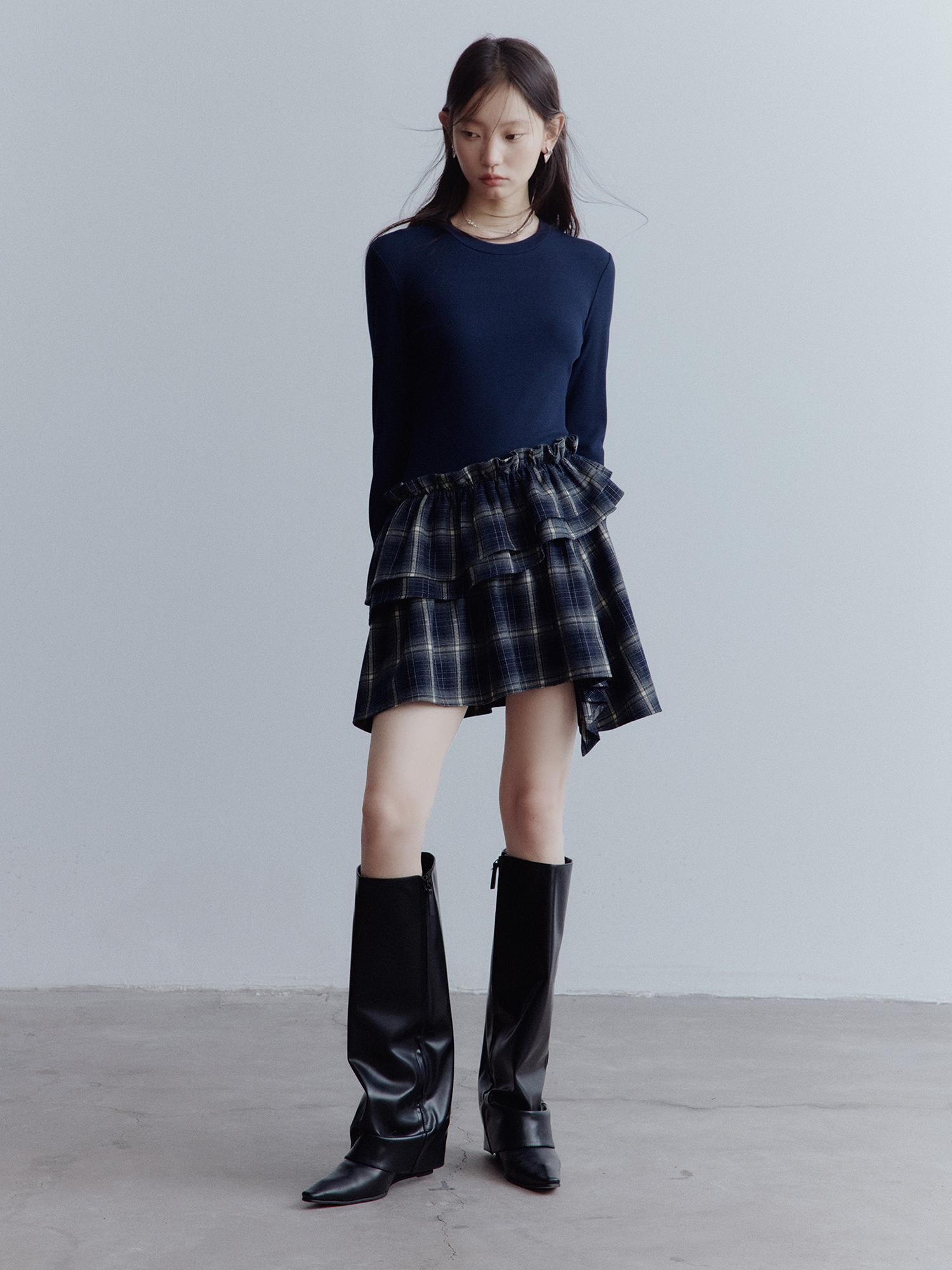 FUSSED Fussed Asymmetric Hem Plaid Paneled Knit Dress