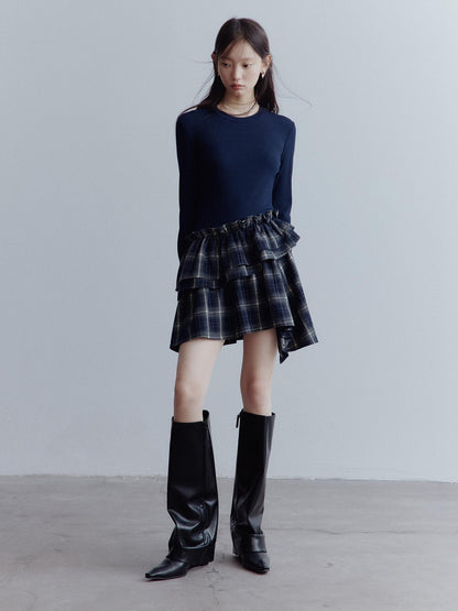 FUSSED Fussed Asymmetric Hem Plaid Paneled Knit Dress