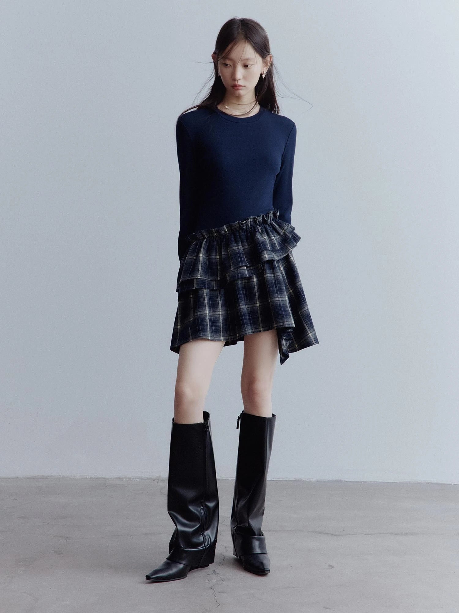 Fussed Asymmetric Hem Plaid Paneled Knit Dress