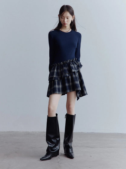 Fussed Asymmetric Hem Plaid Paneled Knit Dress