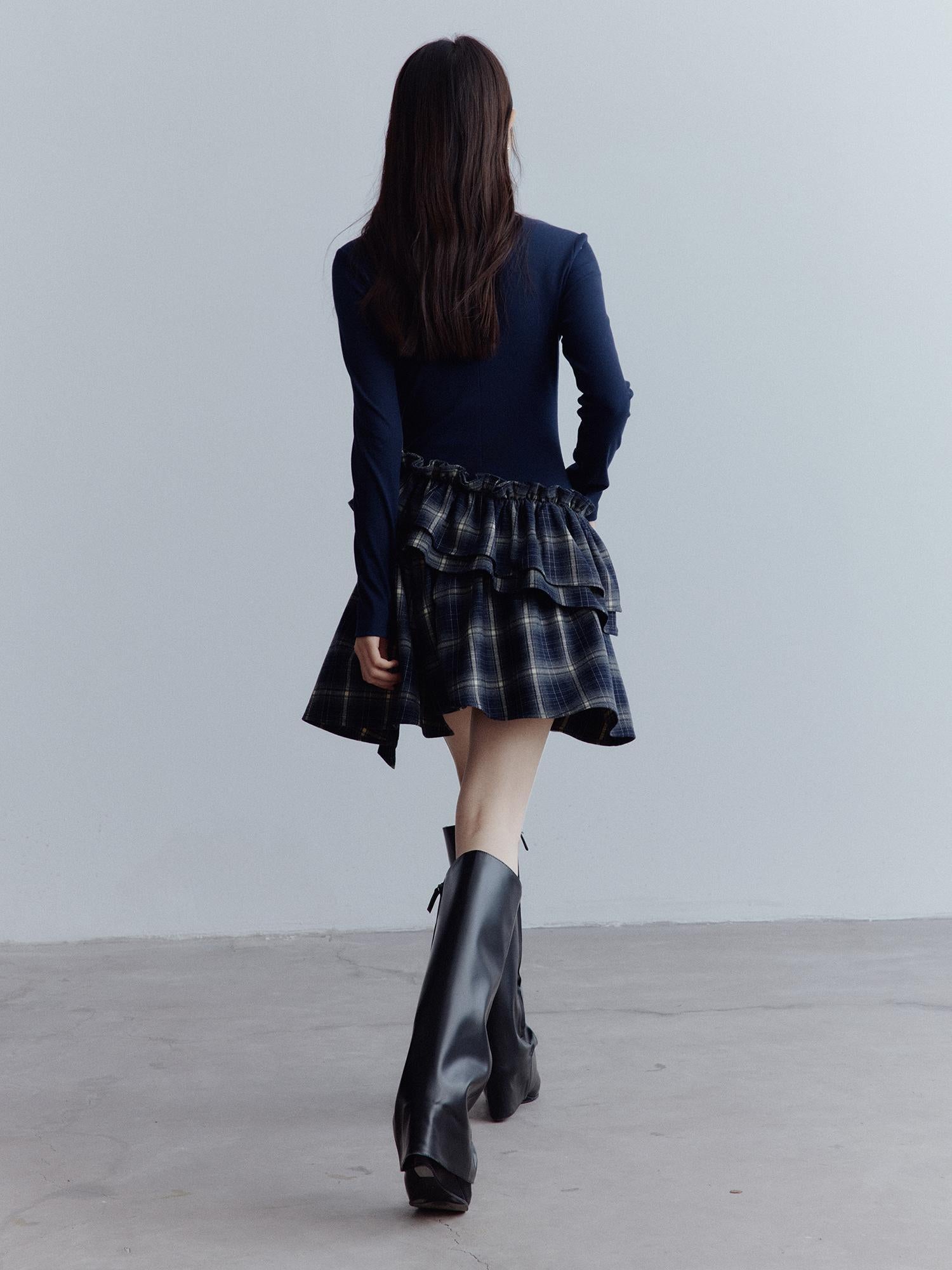 FUSSED Fussed Asymmetric Hem Plaid Paneled Knit Dress