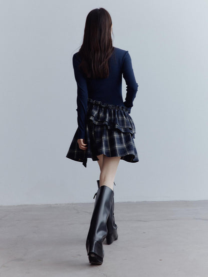FUSSED Fussed Asymmetric Hem Plaid Paneled Knit Dress
