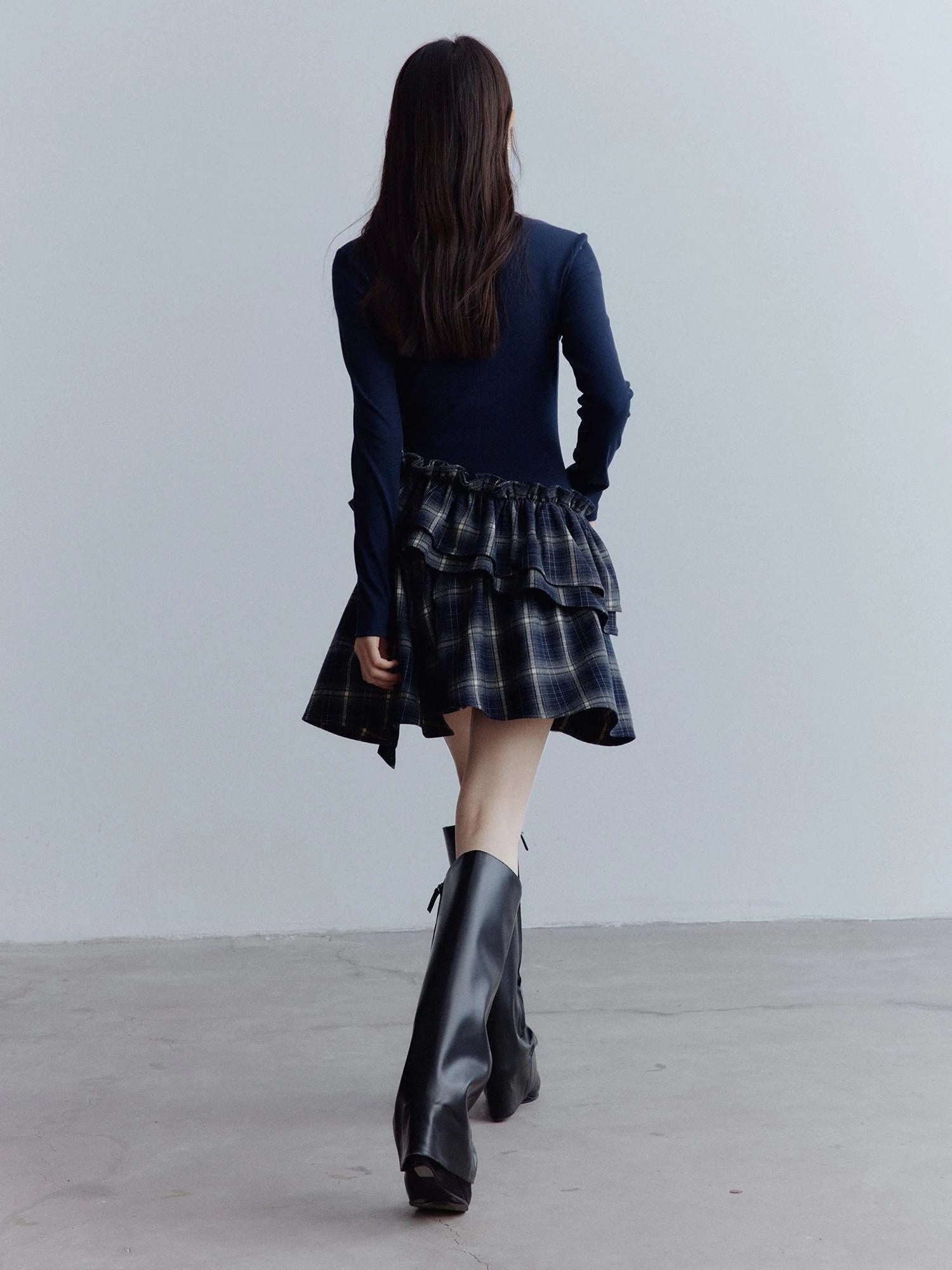 Fussed Asymmetric Hem Plaid Paneled Knit Dress