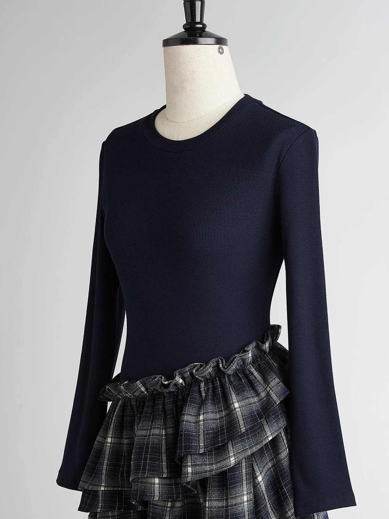 Fussed Asymmetric Hem Plaid Paneled Knit Dress