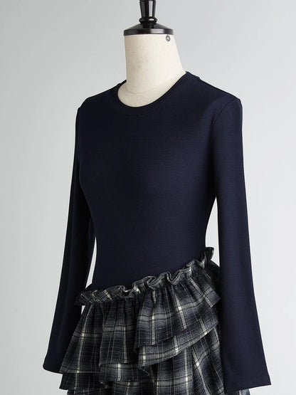 Fussed Asymmetric Hem Plaid Paneled Knit Dress