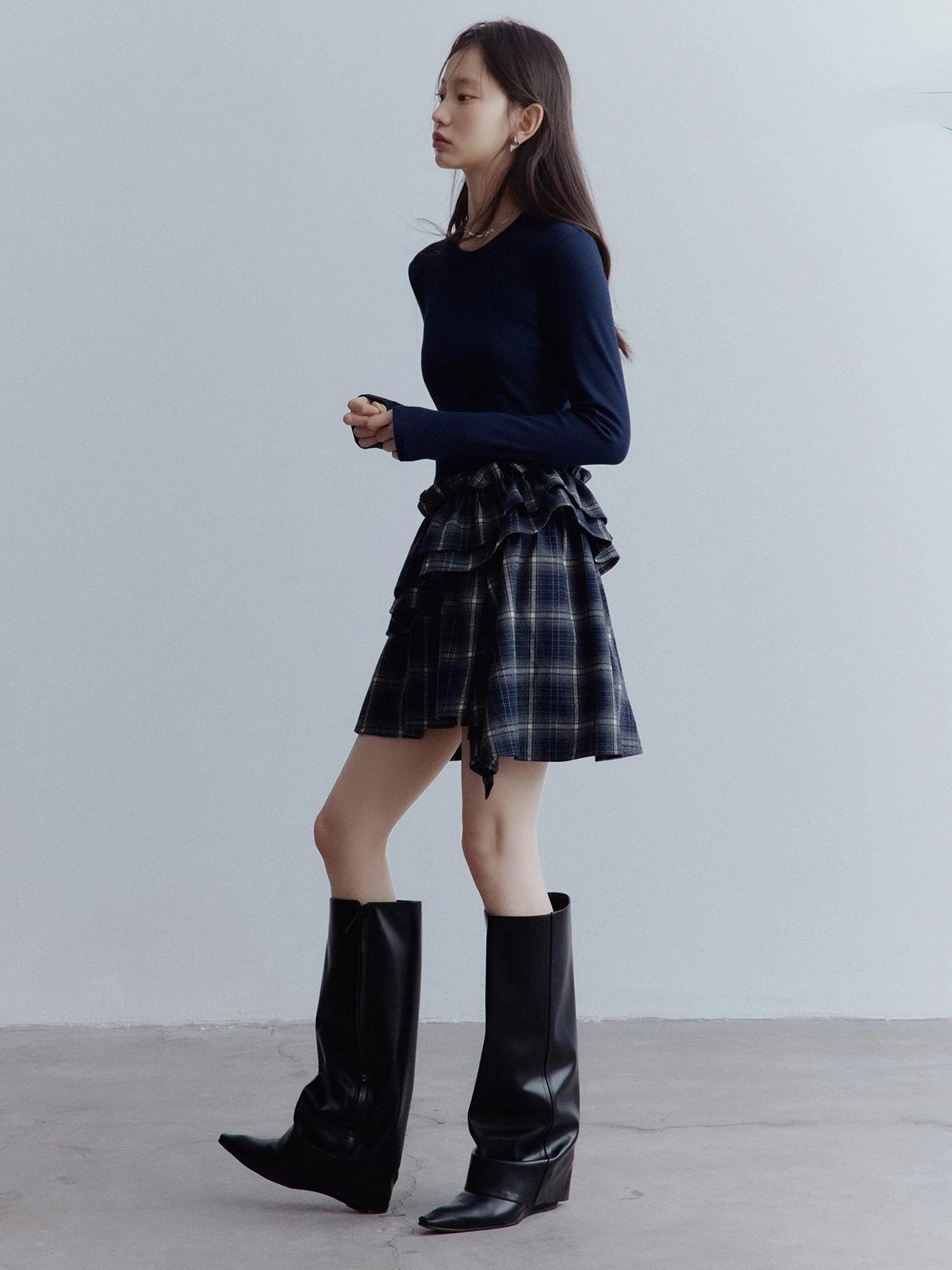 Fussed Asymmetric Hem Plaid Paneled Knit Dress