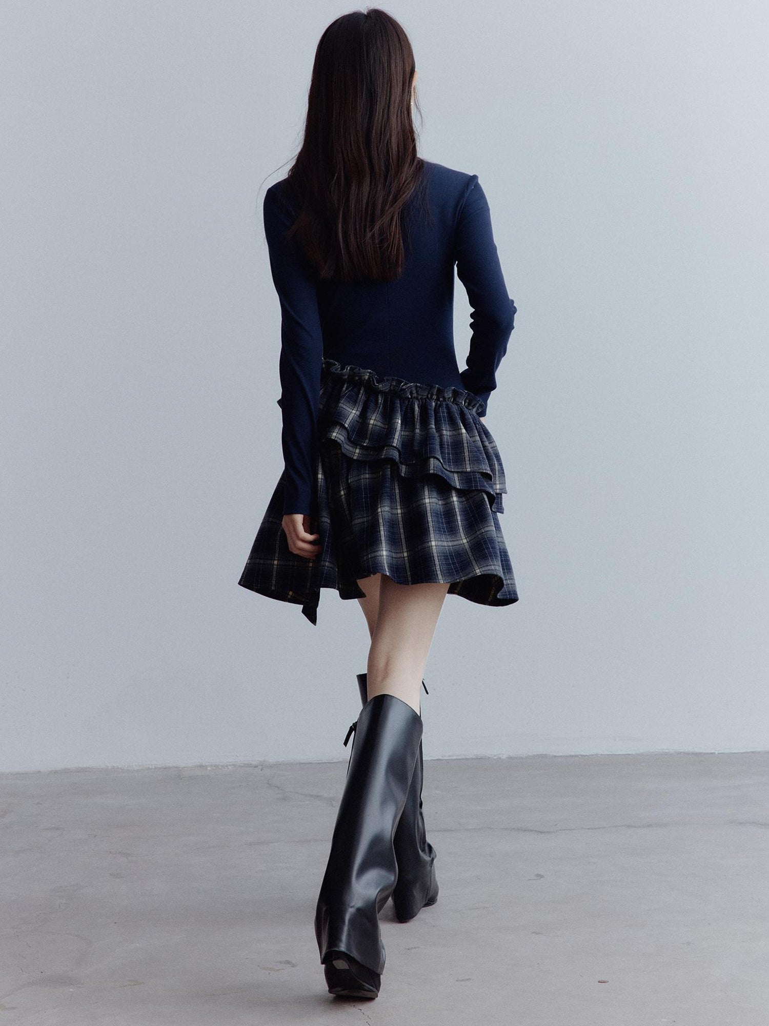 FUSSED Fussed Asymmetric Hem Plaid Paneled Knit Dress