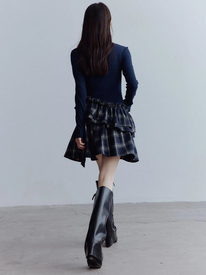 Fussed Asymmetric Hem Plaid Paneled Knit Dress