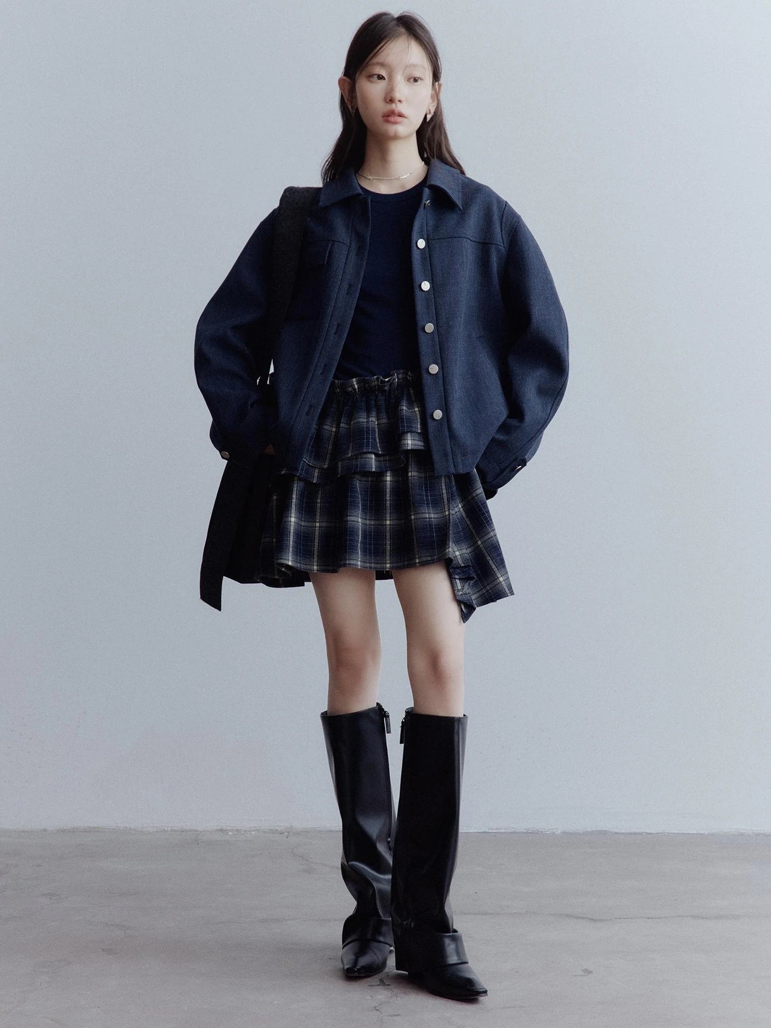 Fussed Asymmetric Hem Plaid Paneled Knit Dress