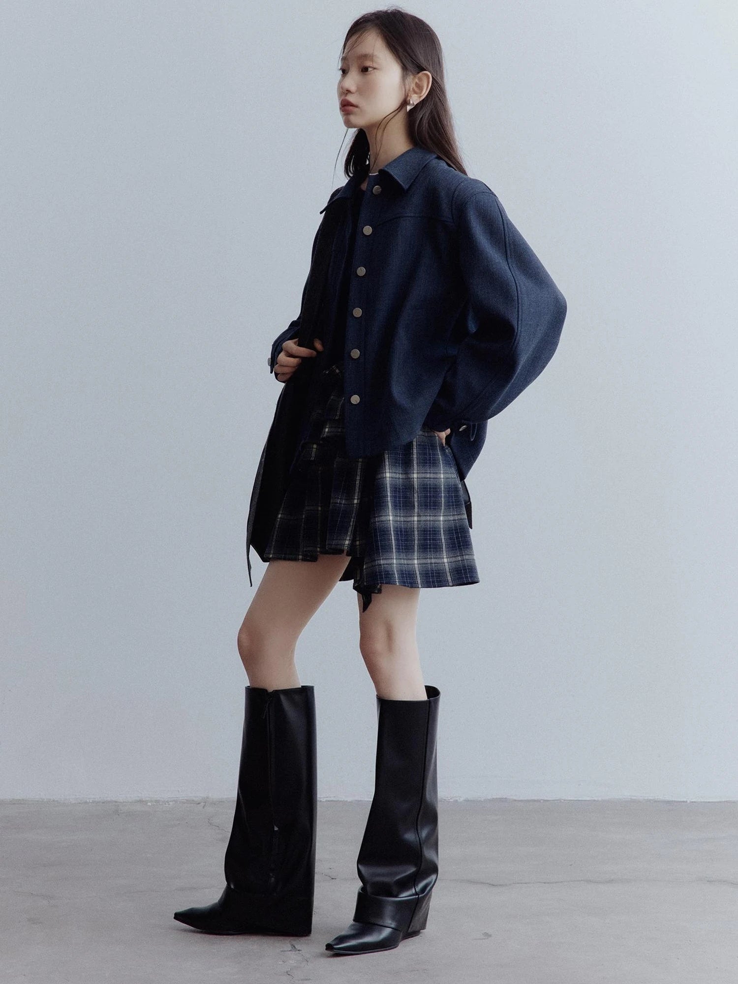 Fussed Asymmetric Hem Plaid Paneled Knit Dress