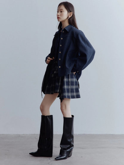 Fussed Asymmetric Hem Plaid Paneled Knit Dress