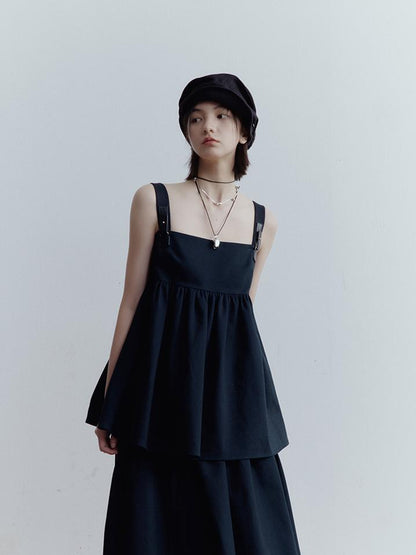 FUSSED Fussed Blues V-neck T-shirt Long-Sleeve Ruffle Trim Leather Button Decoration Slip Dress Baby Doll Blouse A-line Skirt Set
