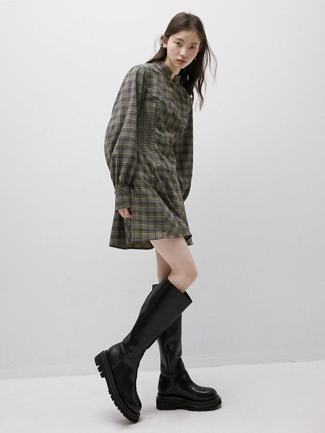 FUSSED Geek Check Shirt Dress with Cinched Waist Stand Collar and Puffed Sleeves
