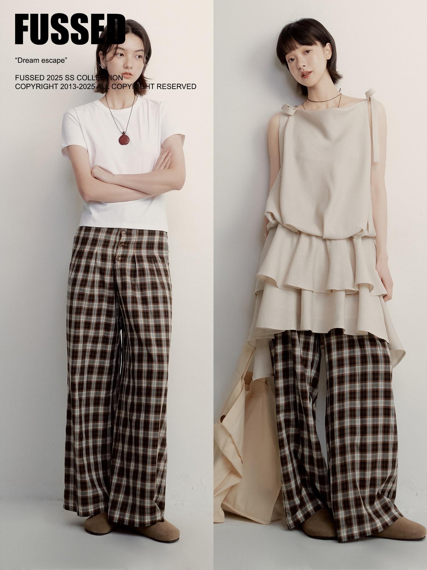 FUSSED Geometric Plaid Drape High Waist Women&